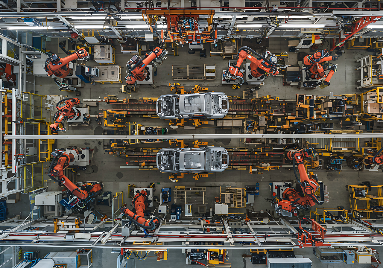 top view of car factory with industrial robots